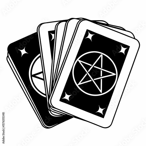 Tarot cards with pentagram design in black and white style, deck with magic symbol    