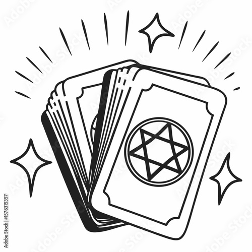 Tarot cards with star symbol and shining effects in black outline , deck with magic symbol   