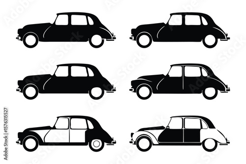 Classic Cars Silhouette: A timeless collection of vintage automobiles depicted in elegant black silhouettes, perfect for design projects needing a touch of nostalgia and a nod to automotive history.
