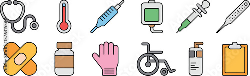 Stethoscope thermometer syringe iv bag medicine bottle glove wheelchair sanitizer clipboard vector png isolated on white clipping path cutout background, bundle set 2025, 2026 download