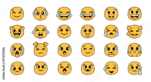 Collection of yellow emoji faces displaying various emotions, including happiness, sadness, anger, and surprise.