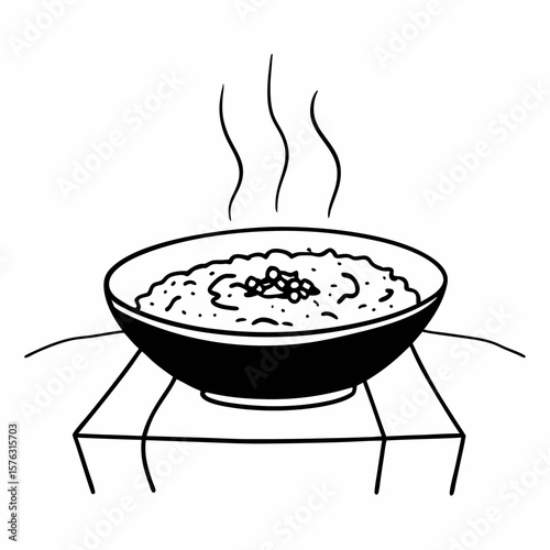 Oatmeal porridge in bowl line art illustration, monochrome, for breakfast recipes