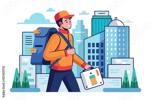 Delivery Man in Metropolis: A vibrant, digitally crafted illustration portrays a cheerful delivery man navigating a bustling urban landscape, signifying swift and efficient service. 