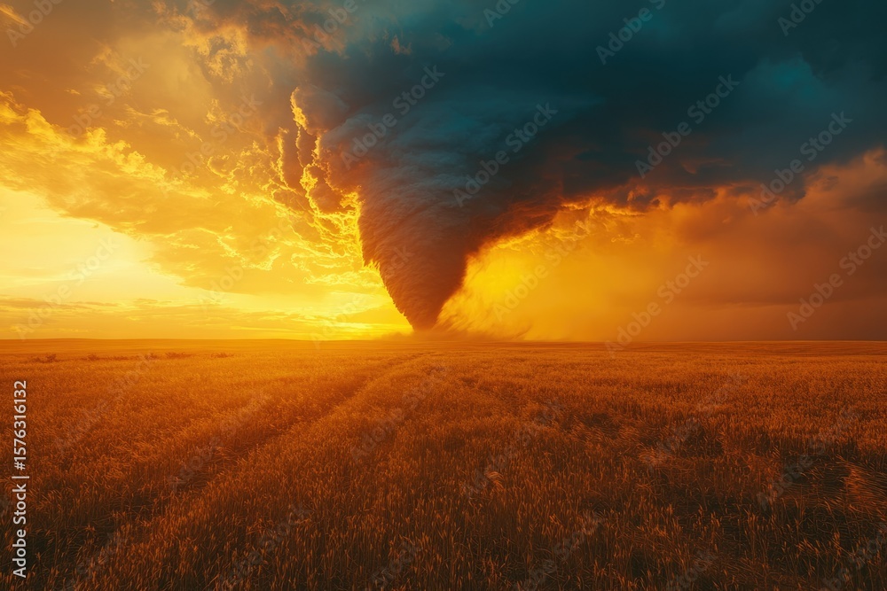 Obraz premium A massive dark tornado touches down in a golden wheat field at sunset, a dramatic and awe-inspiring scene.