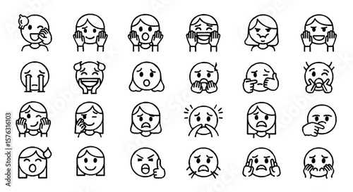 Collection of black and white emoji faces expressing various human emotions.