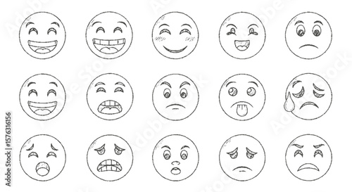 A collection of fifteen hand-drawn emoji faces expressing various emotions like happiness, sadness, anger, and surprise.