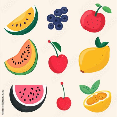 Cute summer fruits clipart with watermelon, peach, cherry and berries in soft playful colors, perfect for nursery prints, wall art or children’s room decor