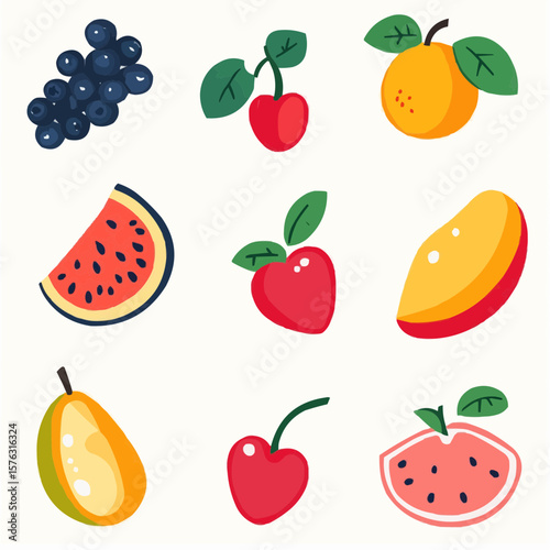 Bright and playful fruits and berries clipart with watermelon, cherries, blueberries and peaches in naive flat design, perfect for eco packaging, product labels or printable stickers