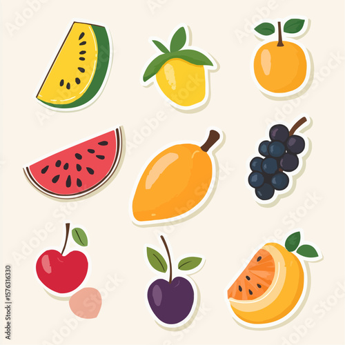Colorful fruits and berries clipart with watermelon, cherries, blueberries and peach in playful minimal design, perfect for printable stickers, eco labels, kids products and summer packaging