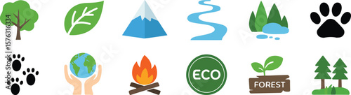 Tree leaf mountain river forest paw print earth campfire eco seedling vector png isolated on white clipping path cutout background, bundle set 2025, 2026 download