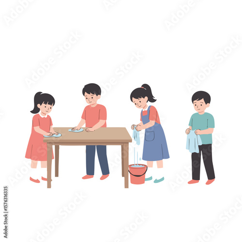 Flat Illustration Group of Children Cleaning Activity Together at Home