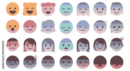 Collection of diverse cartoon faces expressing various emotions.