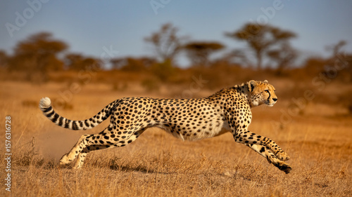 Cheetah sprinting across dry savanna grass running