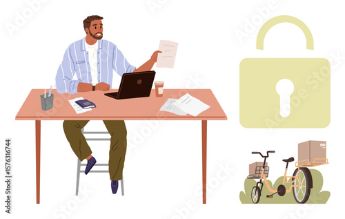 Man at desk working on logistics with laptop and documents, lock symbol ensuring security, delivery bike nearby. Ideal for delivery, business, logistics, e-commerce, security, technology safe