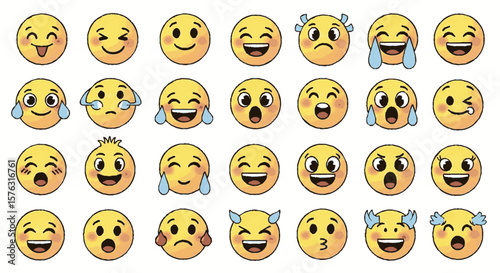 Collection of diverse cartoon emoji faces expressing various emotions.