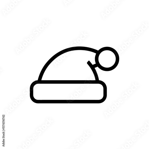 Simple black line art icon of a santa claus hat with a white pom pom on a white background