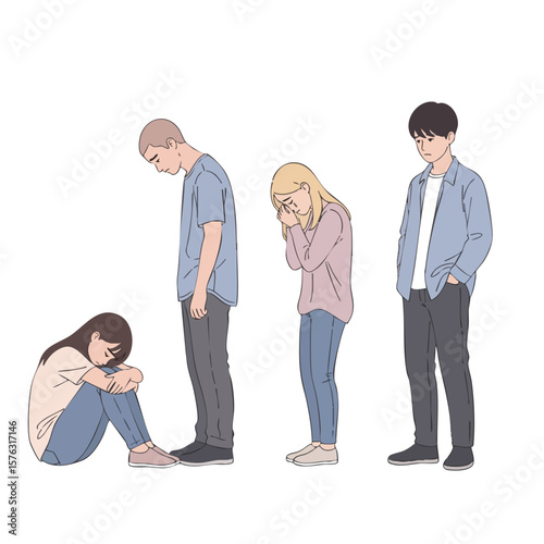 Minimalist Flat Line Illustration of Depressed People in Various Poses