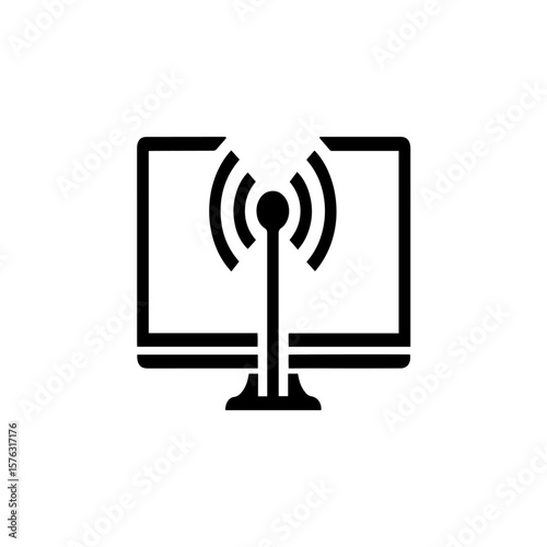 Smart television with wireless connection antenna broadcasts digital signals in this modern vector illustration.