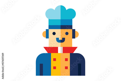 Happy Chef Icon: A cheerful cartoon chef icon, designed in a vibrant, geometric style, perfect for culinary websites or food-related projects.