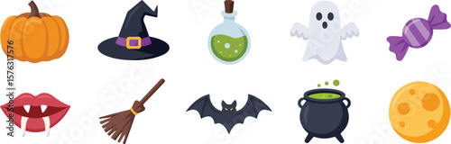 Halloween symbols including pumpkin witch hat potion ghost candy vampire lips broom bat cauldron and moon vector png isolated on white background bundle set 2025 download