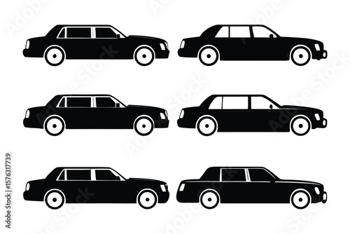 Luxury Car Collection: A sleek collection of luxury limousine car silhouettes in a timeless, minimalist design, perfect for upscale transport, VIP events, and luxury travel concepts. 