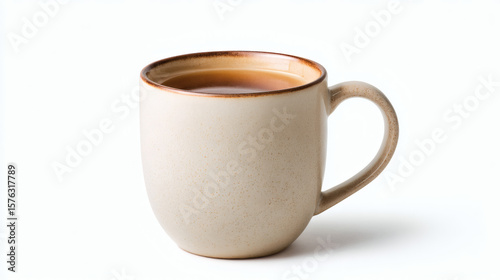 A close-up of a warm mug filled with coffee or tea on white background.