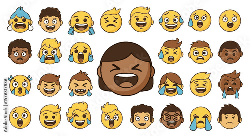 Collection of diverse emoji faces expressing various emotions like joy, sadness, confusion, and laughter.