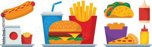 Delicious fast food assortment with hot dog burger fries taco pizza and drinks fastfood hotdog vector png isolated on white clipping path cutout background, bundle set 2025, 2026 download