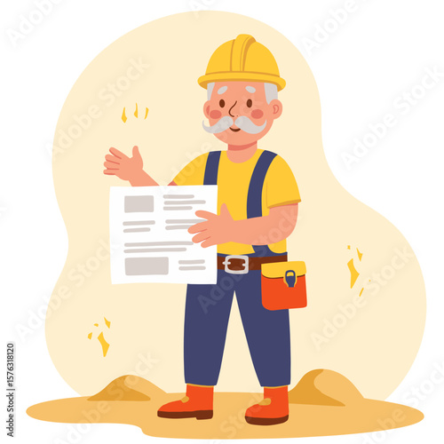 Elderly builder with helmet. Senior construction worker. Mature man in safety gear. Old engineer on job site.