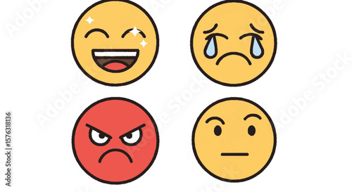 Four different emoji faces displaying various emotions, including happiness, sadness, anger, and neutrality.