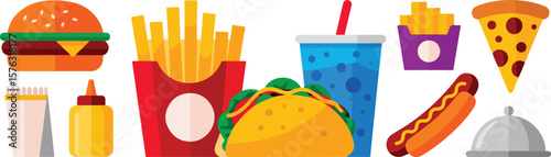 Delicious fast food assortment with burger fries taco hotdog pizza and drinks vector vector png isolated on white clipping path cutout background, bundle set 2025, 2026 download