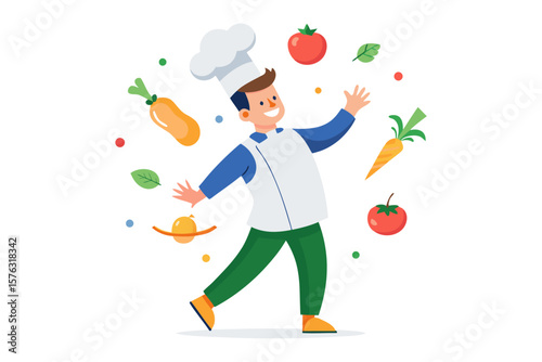 Chef with Fresh ingredients: A vibrant chef, adorned in a pristine toque and uniform, joyfully juggles a medley of fresh, colorful ingredients.
