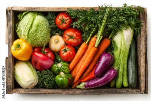 Fresh Organic Vegetables in Wooden Crate Assorted Colorful Healthy Produce