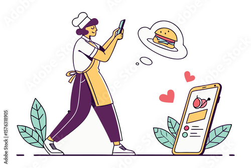 Chef using mobile phone app for food order: A chef in uniform is using a mobile phone app to take an order or check a recipe for a delicious burger.  The design is clean and modern.