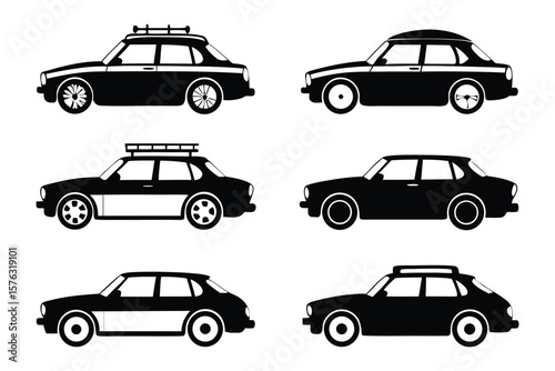 Vintage Car Collection: A collection of classic cars in striking black and white silhouette, showcasing diverse body styles and roof details.