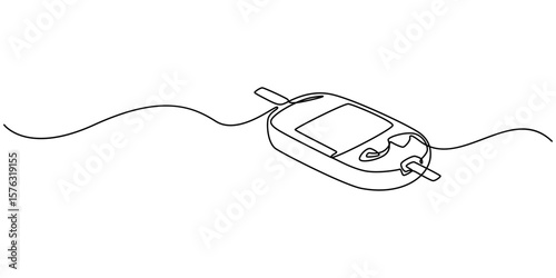 Glucometer one line drawing. Single continuous diabetes check, One continuous line drawing of Blood glucose meter test illustration. glucometer pharmacy equipment outline, diabetes meter, Minimalist.