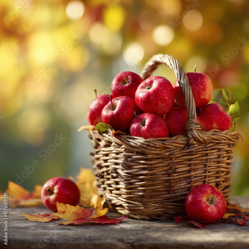Wicker basket full of red apples with golden leaves and sunlight background