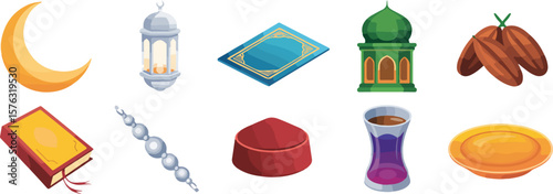 Islamic cultural objects including crescent moon mosque lantern prayer mat dates book prayer beads cap tea glass and plate vector png isolated on white background bundle set 2025 download