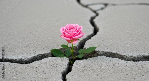 Pink rose blooming from concrete cracks, a symbol of hope and resilience