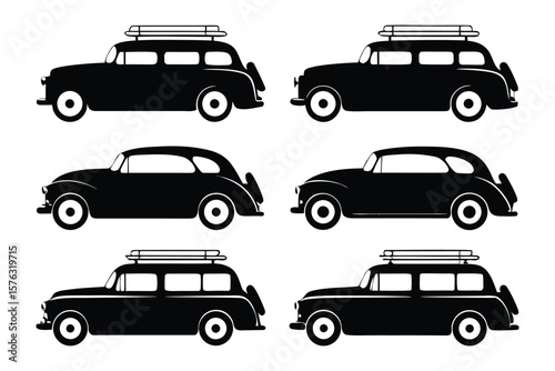 Classic Silhouette Cars : A collection of detailed silhouette illustrations of classic vehicles, capturing the essence of a bygone era. show vintage vehicles and style.