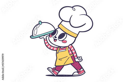 Chef Character Cartoon: An adorable cartoon chef character, with a big smile, confidently carries a food cloche, ready to serve delicious food.