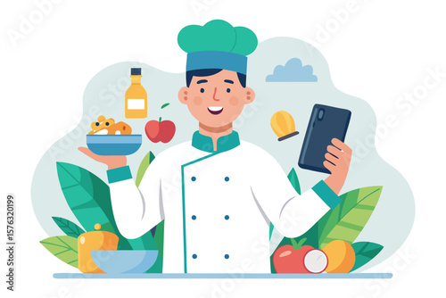 Culinary Maestro: A skilled chef, with a welcoming smile, showcases a fresh culinary creation. Amidst carefully chosen ingredients and digital assistance