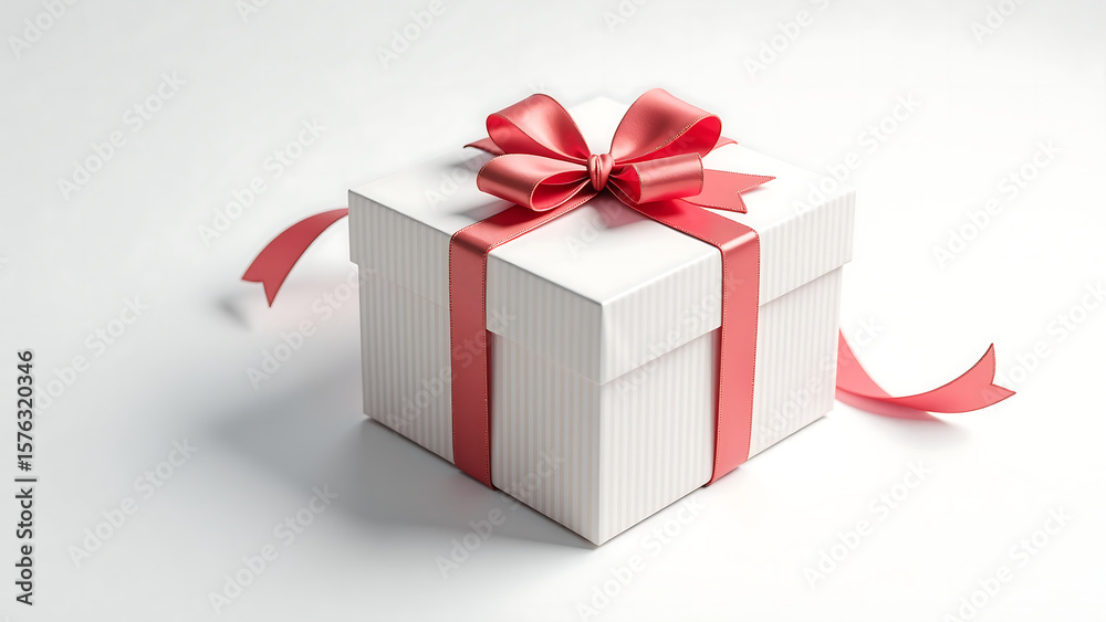 Obraz premium beautifully wrapped gift box adorned striped paper vibrant bow flowing string sits atop crisp white background illuminated