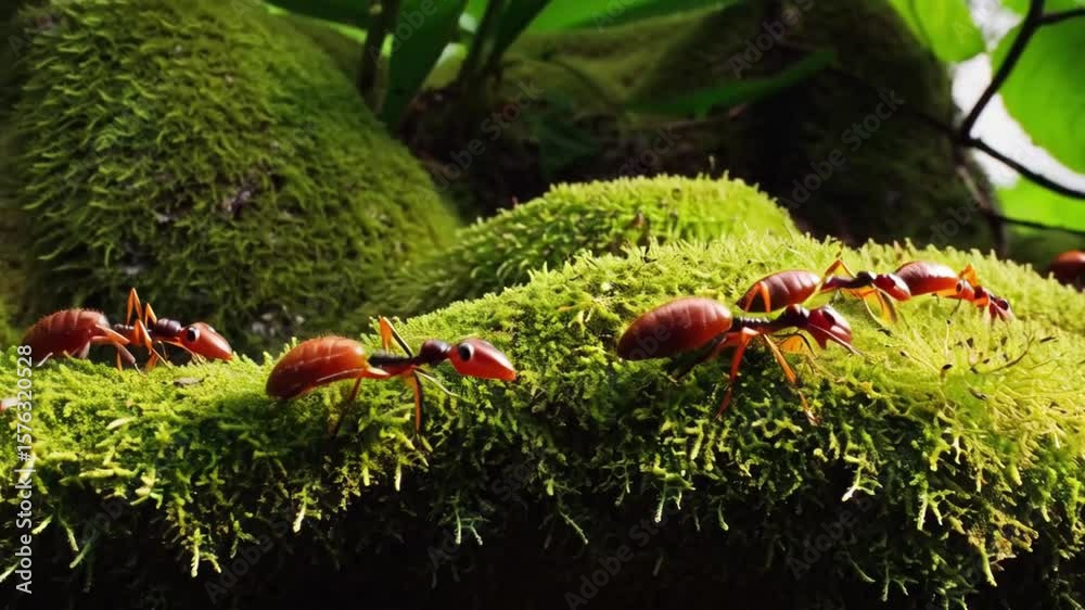 Ants walking over moss in tropical forest – insect nature video