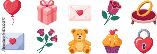 Red heart balloon pink gift box pale envelope rose bouquet teddy bear cupcake heart lock vector vector png isolated on white background bundle set 2025 download