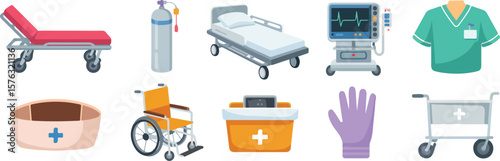 Medical equipment including stretcher oxygen tank hospital bed monitor scrubs cap wheelchair medical bin glove and cart vector png isolated on white clipping path cutout background, bundle set 2025, 2