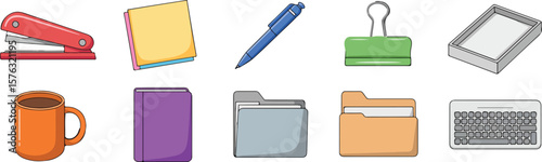 Red stapler blue pen green binder orange mug purple book grey folders tan folder keyboard and sticky notes vector png isolated on white background bundle set 2025 download