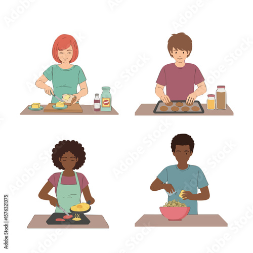Flat Illustration People Cooking Food Preparation with Different Ethnics