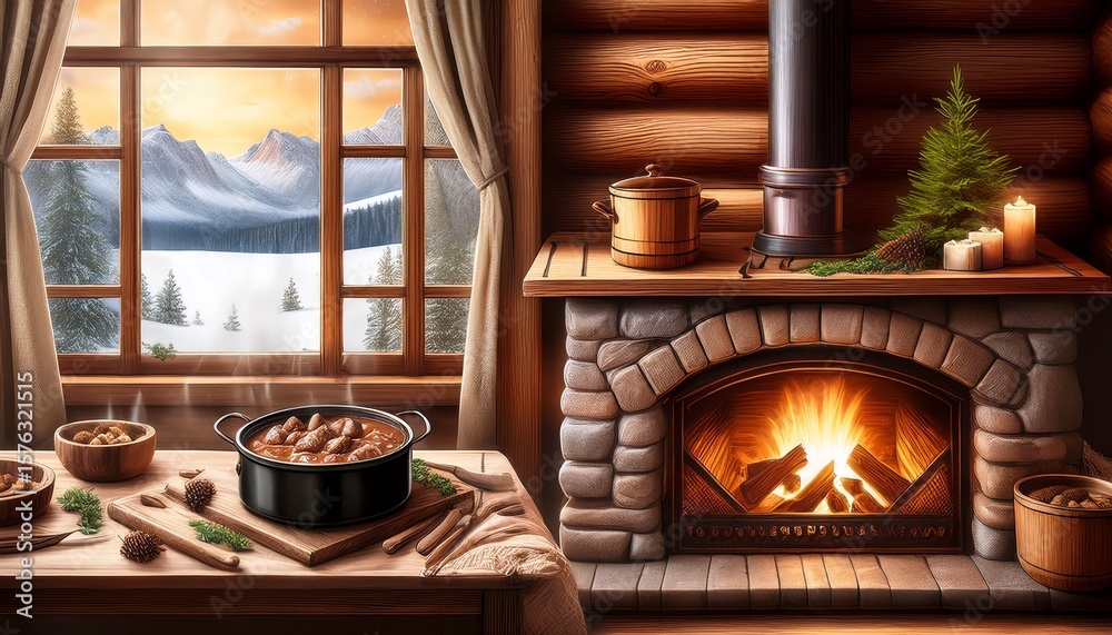 cozy cabin interior with hand drawn game meat stew simmering by fireplace cozy cabin interior with hand drawn game meat stew simmering by fireplace