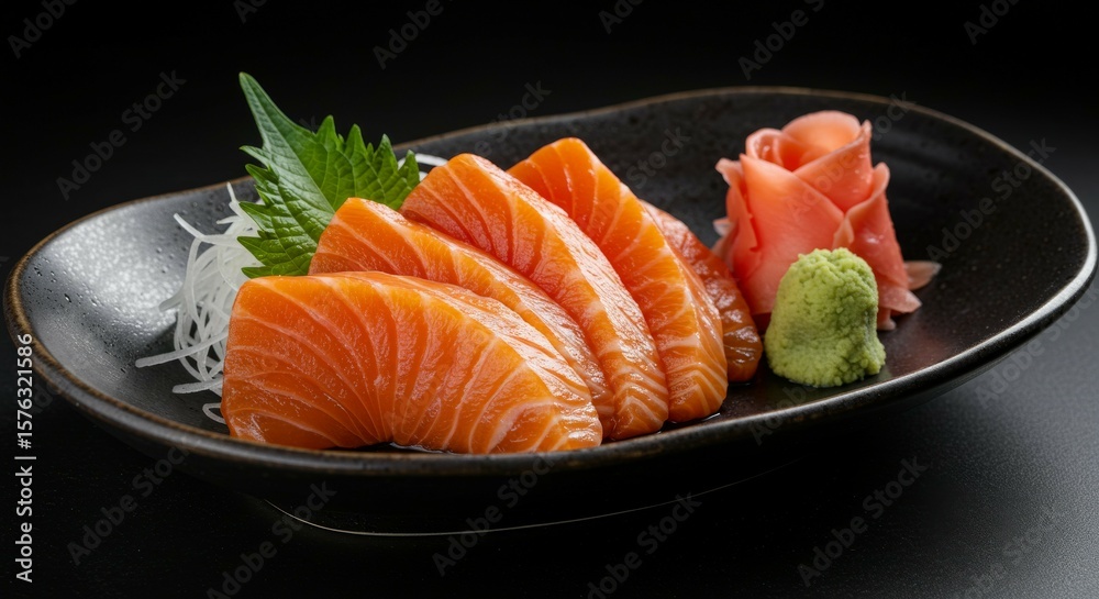 Salmon Sashimi with Ginger and Wasabi on Plate Salmon Sashimi with Ginger and Wasabi on Plate